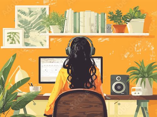 Woman enjoying music while working from home