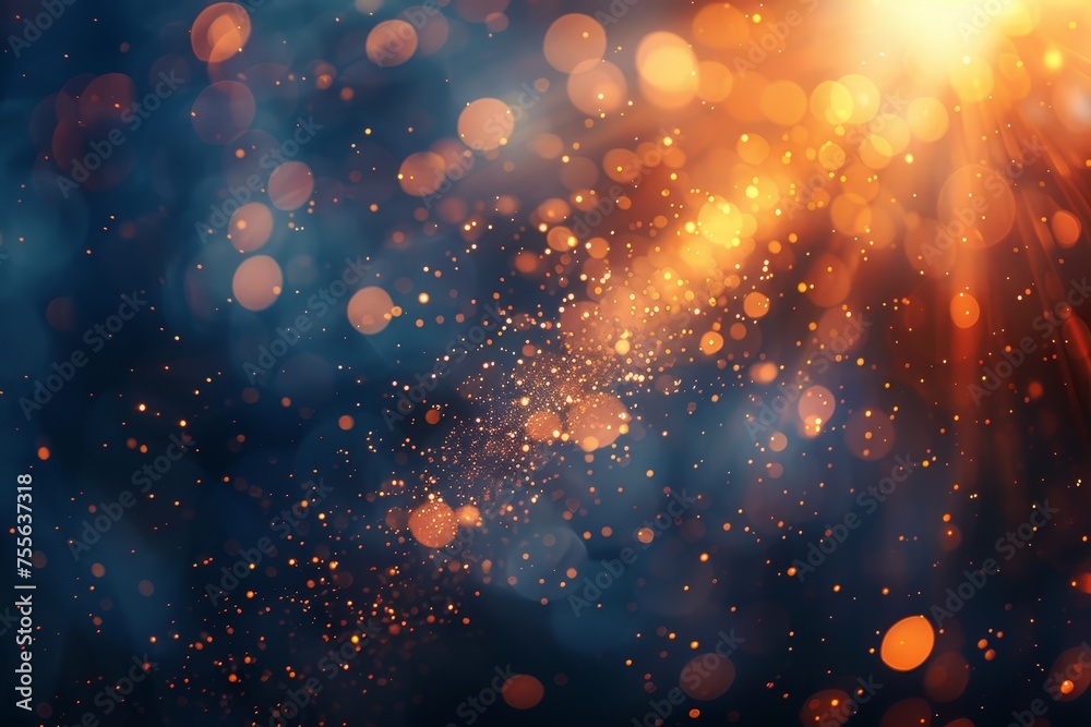 A blurred background of an orange sun with rays and bokeh lights on a dark blue sky, creating a magical atmosphere. 