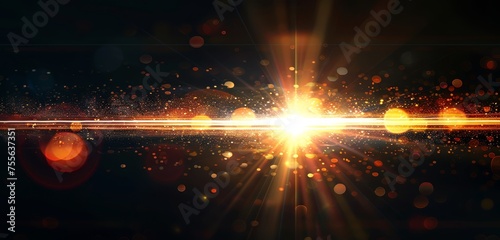 A bright beam of light with lens flare on a black background, with horizontal streaks and reflections. 