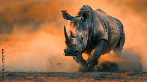 Majestic rhino charging against a fiery sunset sky. captivating wildlife photography captures power and grace. ideal for nature displays. AI