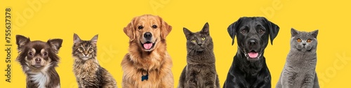 Head shot of Happy dogs and cats, together in a row, against yellow background