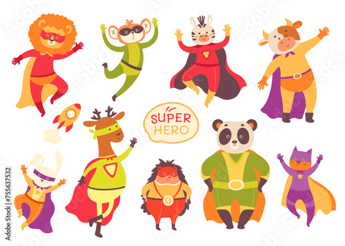 Cartoon funny animals superheroes characters wearing face mask and cape vector illustration