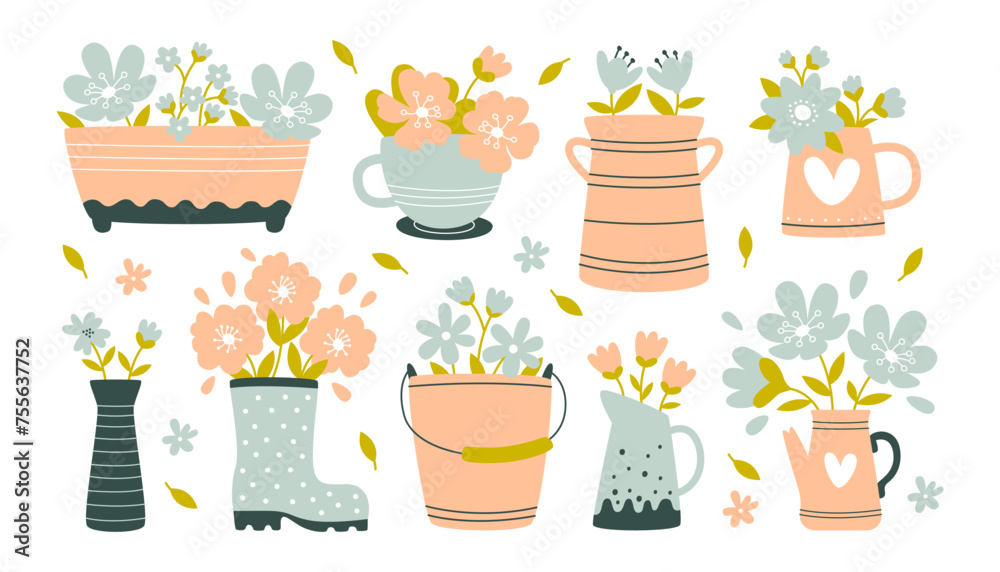 Spring flowers growing in pots, vases and cans for interior room design set vector illustration Spring flowers growing in pots, vases and cans for interior room design set vector illustration
