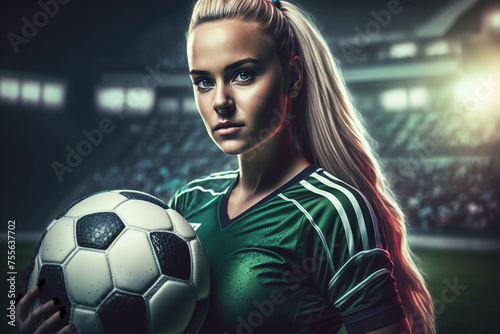 A beautiful girl soccer player in uniform with a ball at the stadium. Cheerleader.  © Iryna