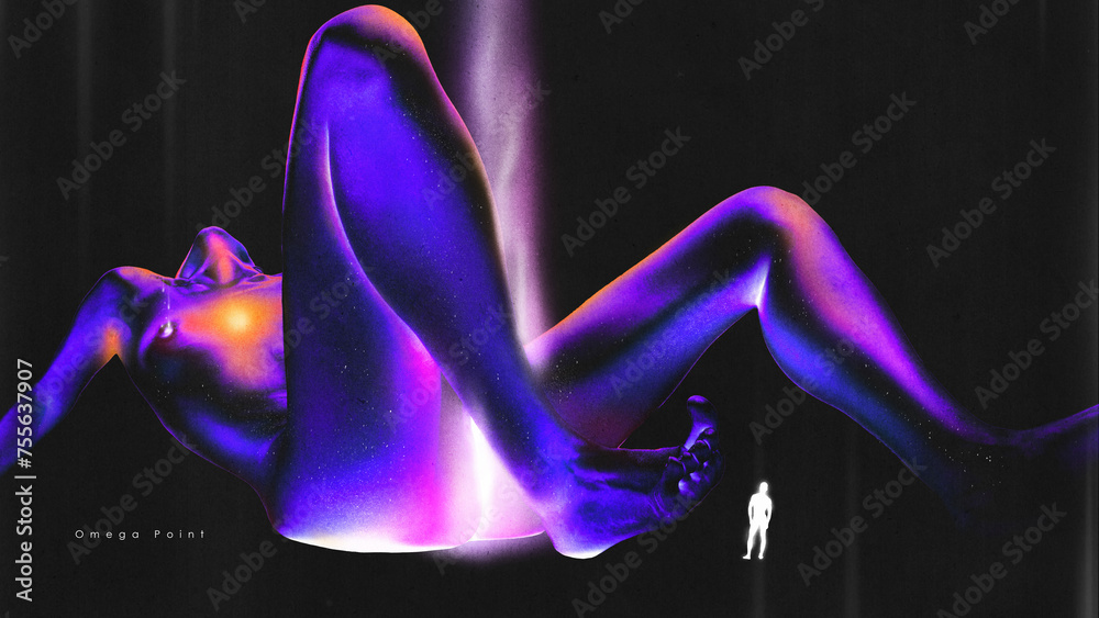 Contemporary art collage. Omega point. White male silhouette looking on huge female body looks as universe. Innovative design. Concept of futuristic technology, modern innovations, human touch.