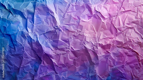 An abstract background of crumpled paper textures in a blend of purple, blue, and pink tones.