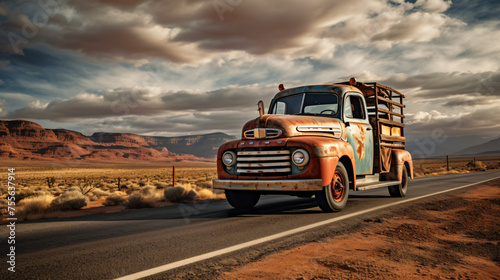 Old truck on the road: Classic American truck.