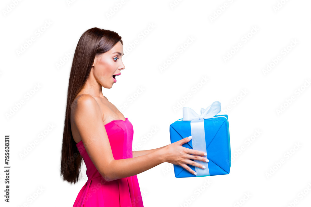 Is it for me? Half faced turned attractive with open mouth pretty amazed cheerful funny funky joyful lady taking big expensive present isolated on bright vivid background copy space Is it for me? Half faced turned attractive with open mouth pretty amazed cheerful funny funky joyful lady taking big expensive present isolated on bright vivid background copy space