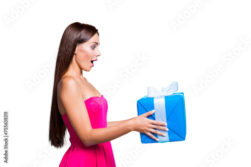 Is it for me? Half faced turned attractive with open mouth pretty amazed cheerful funny funky joyful lady taking big expensive present isolated on bright vivid background copy space © deagreez