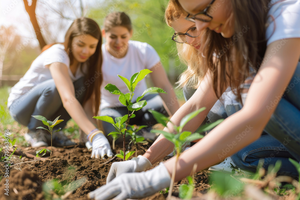 Young people volunteers outdoors planting trees digging ground talking cheerful