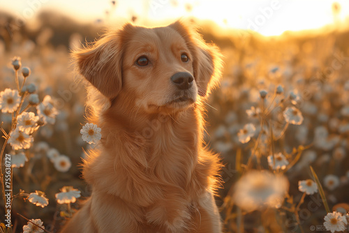 Puppy in sitting, in a field of white blossoms flowers , back white light