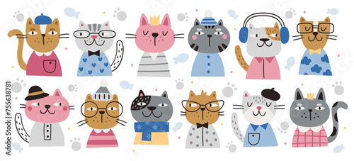 Portraits of funny cats wearing stylish clothes and trendy fashion accessories vector illustration