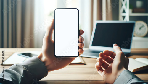 Close up of a person's hands holding a smartphone with a blank screen with a laptop and notebook in the background.