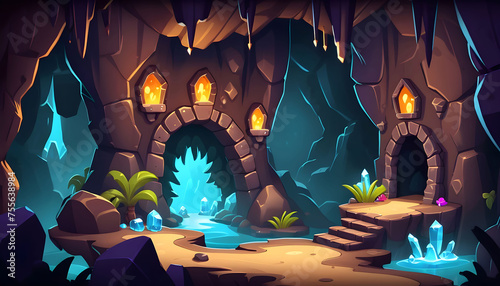 Game platform cartoon underground cave, fantasy world landscape #755638984