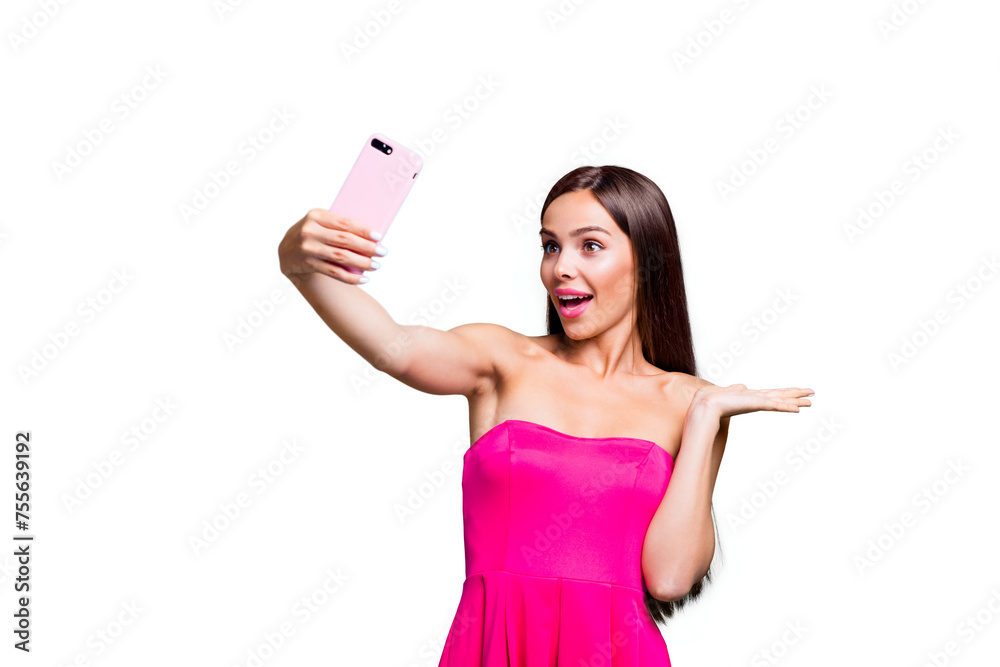 Hello my lovely subscribers! Studio photo portrait of pretty attractive charming pretty cheerful funky joyful girl taking making selfie on smart phone isolated bright vivid blue background Hello my lovely subscribers! Studio photo portrait of pretty attractive charming pretty cheerful funky joyful girl taking making selfie on smart phone isolated bright vivid blue background