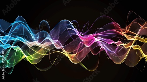 Creative concept of music and sound waves on a black background with rainbow frequency lines.