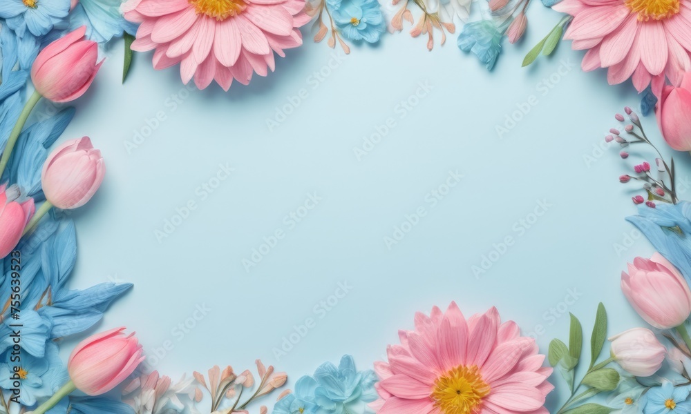 Spring flatlay romantic flowers pink and blue color with space for text at blue background. Birthday, Happy Women's Day, Mother's Day concept.