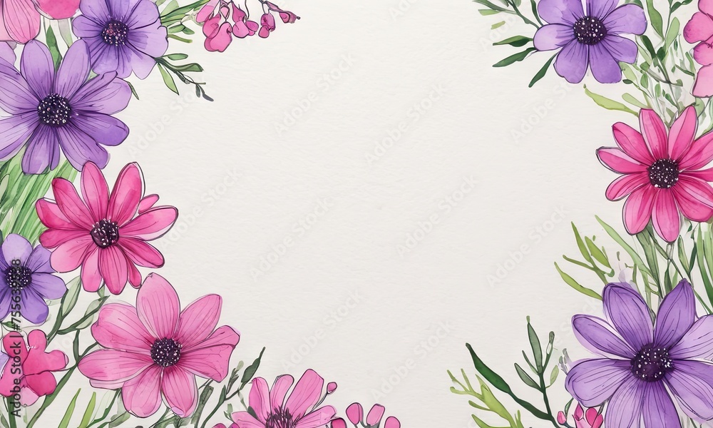 Fototapeta premium Background Romantic spring flowers pink and purple color in watercolor style with space for text. Birthday, Happy Women's Day, Mother's Day concept.