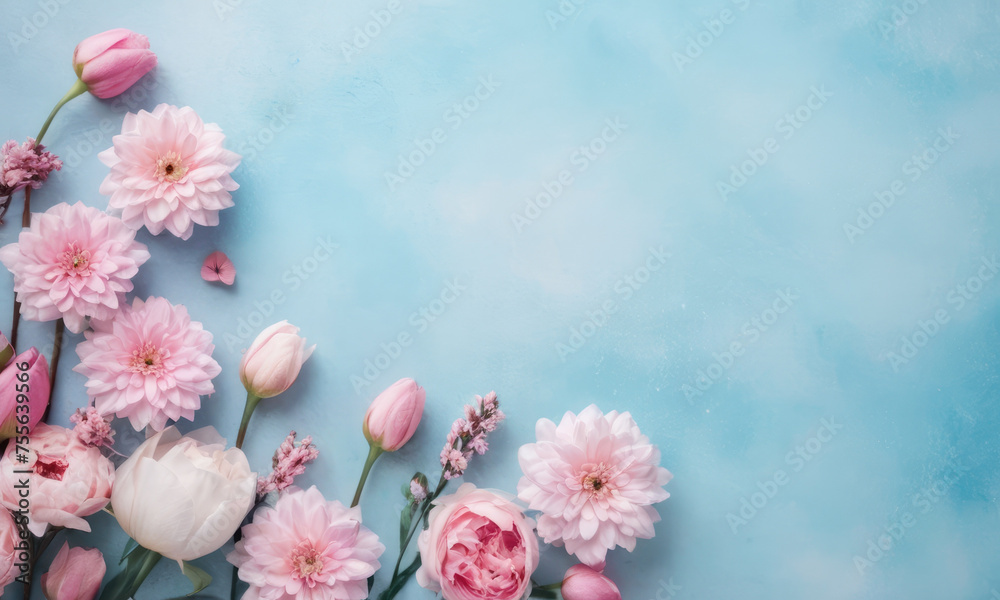 Flatlay top view spring flowers pink color with space for text at blue background.Valentine's Day, Easter, Birthday, Happy Women's Day, Mother's Day concept. Flatlay top view spring flowers pink color with space for text at blue background.Valentine's Day, Easter, Birthday, Happy Women's Day, Mother's Day concept.