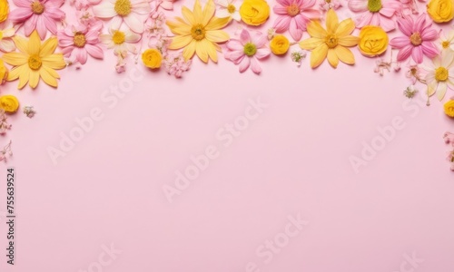 Top view flatlay spring flowers pink and yellow color with space for text in the middle at pink background. Birthday, Happy Women's Day, Mother's Day,spring is coming concept.