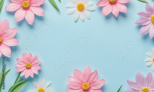 Flatlay Romantic spring flowers pink and white color with space for text at blue background.Birthday  Happy Women s Day  Mother s Day concept.