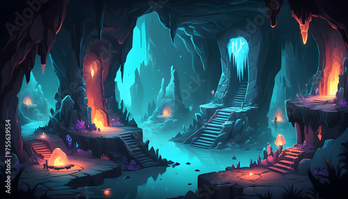 Game platform cartoon underground cave, fantasy world landscape
