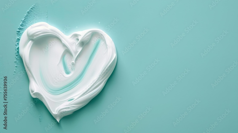 Elegant white skincare cream swiped in a heart shape on a pastel blue background