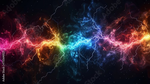 Energy and power concept with lightning bolts and electric arcs on a black background with rainbow colors. photo
