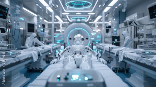A futuristic medical facility with a robot in the middle of it, AI photo