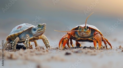 Two small turtle and crab chimeras are standing next to each other, AI