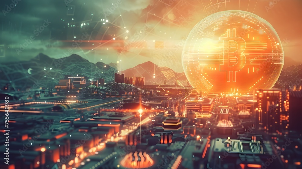 Fototapeta premium Gigantic Bitcoin Symbol Dominating Urban Landscape, Concept for Cryptocurrency Influence