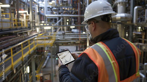 With the steady rhythm of production echoing through the facility, the engineer in a hard hat conducts a thorough assessment of the scope of work, his tablet providing him with rea