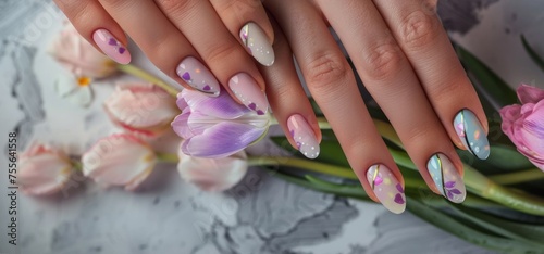Female hands holding a bunch of spring flowers, showcasing Easter-inspired pastel nail art.