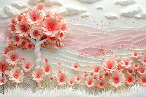 Tree with pink flowers and paper art landscape