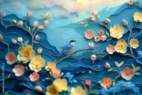 Artistic depiction of flowers and birds