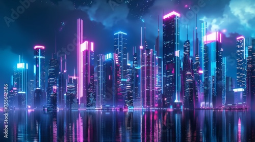 Futuristic city skyline with neon lights and high-tech buildings at night.