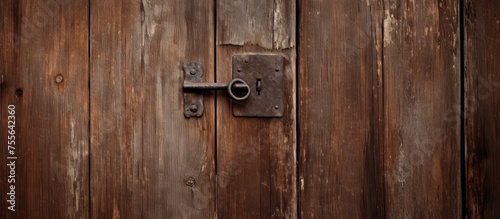 This close-up shot showcases a dark brown wooden door from an old barn, featuring a metal lock and handle. The texture of the wood is detailed, highlighting the rugged beauty of the door.
