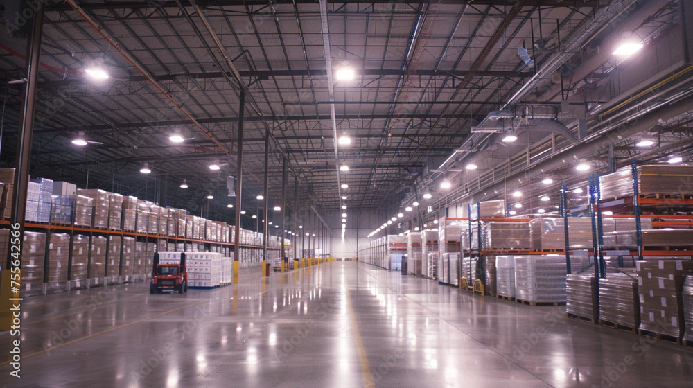 Bathed in the soft glow of overhead lighting, the modern warehouse dazzles with its expansive layout and meticulous organization, as pallets await transport and loaders stand ready