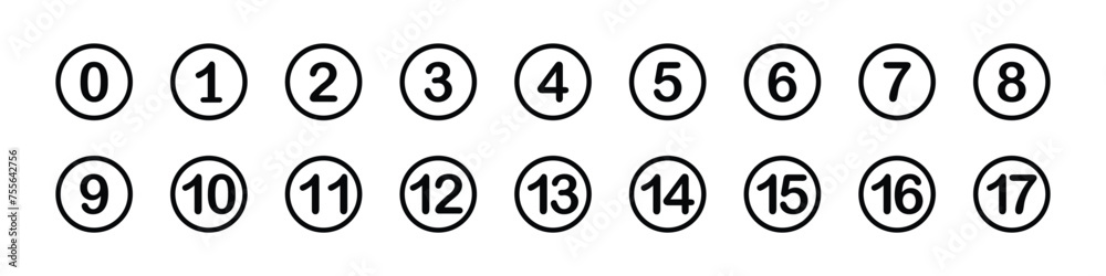 Bullet Points icon set in line style, Simple round numbers in flat style, Set of 1-15 numbers simple black symbol sign for apps, UI, and website, vector illustration