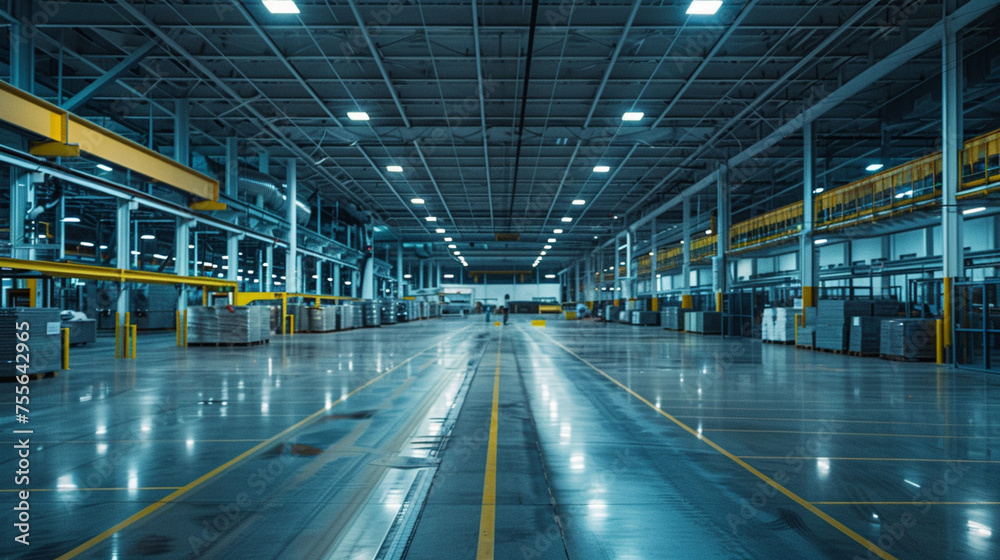 In the expansive, brightly lit warehouse, workers engage in precise technological processes, their focused expressions illuminated by the ambient glow as they meticulously carry ou