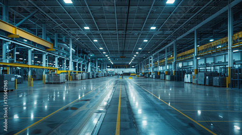 In the expansive, brightly lit warehouse, workers engage in precise technological processes, their focused expressions illuminated by the ambient glow as they meticulously carry ou