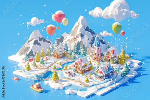 Island scenery with snow and colorful buildings