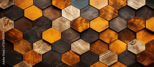 A wooden wall featuring a repetitive pattern of hexagonals created using ceramic tiles. The hexagonals are designed to mimic wooden blocks, giving the wall a vintage and natural look.