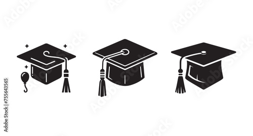 Graduation cap silhouette on the left wears the classic mortarboard cap with a tassel hanging to the side. This iconic cap is often associated with graduation ceremonies and bachelor’s degrees.