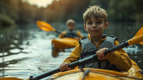 Portrait of a happy young kids doing kayaking in river by themselves with a big blurry backdrop with a big space for text or product, Generative AI. photo
