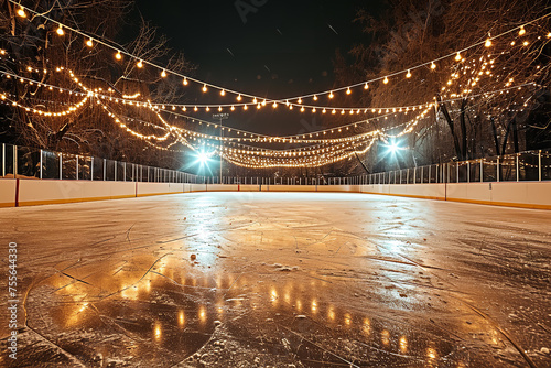 An outdoor hockey rink lit up at night - serving as a community gathering spot for a local sports tradition - with a festive atmosphere enhancing the winter night game.