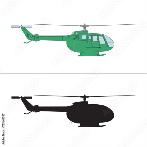 Beyaz zemin üzerinde helikopter. yan görünüm. renkli ve siyah. Vektör ve illüstrasyonu. Translation: Helicopter on white background. side view. colored and black. Vector and illustration