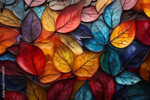 Colorful leaf pattern glass background image.