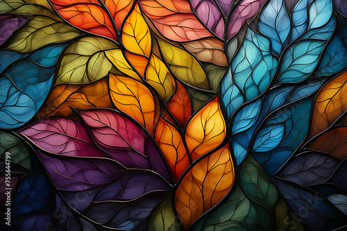 Colorful leaf pattern glass background image.