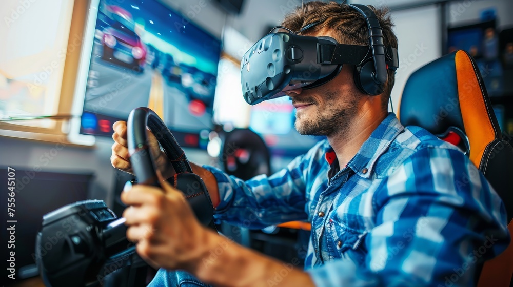 Man in vr glasses takes driving exam in car simulator at driving school using a steering wheel. Man in vr glasses takes driving exam in car simulator at driving school using a steering wheel.